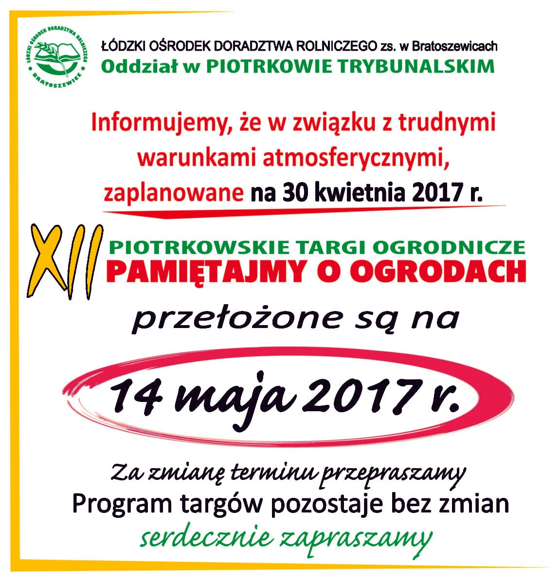 Targi "Pamiętajmy o ogrodach" - zmiana terminu!
