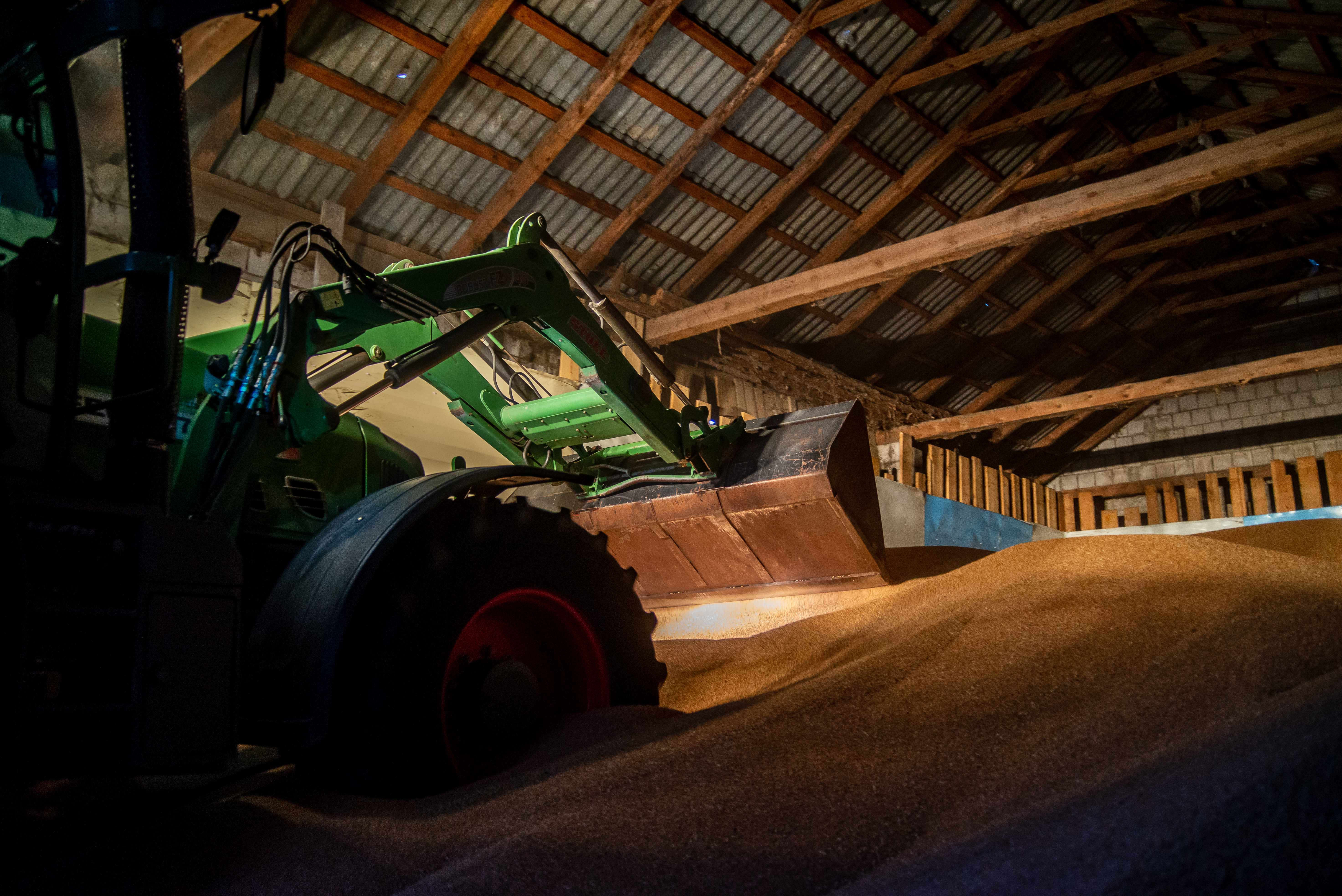 Fendt 712 Vario podgarnia pszenicę na magazynie zbożowym