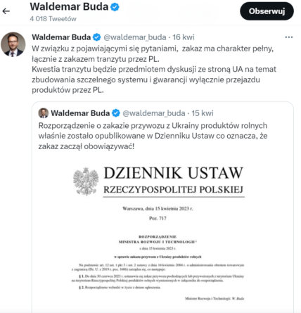 produkty rolne - zakaz tranzytu