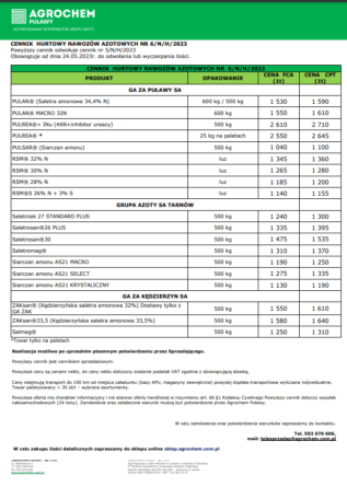 Nowe ceny nawozów azotowych - tabela - cennik Agrochem