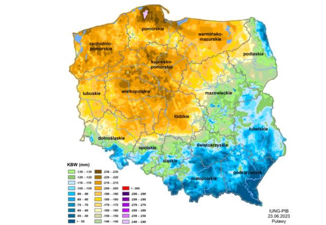 zbiory rzepaku 2023 - mapa klimatycznego bilansu wodnego