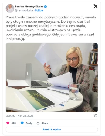Paulina Hennig-Kloska, ustawa o mrożeniu energii-ustawa wiatrakowa