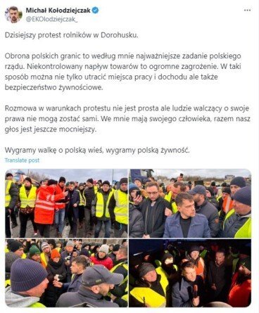 Kołodziejczak w&nbsp;Dorohusku podczas strajlu rolników