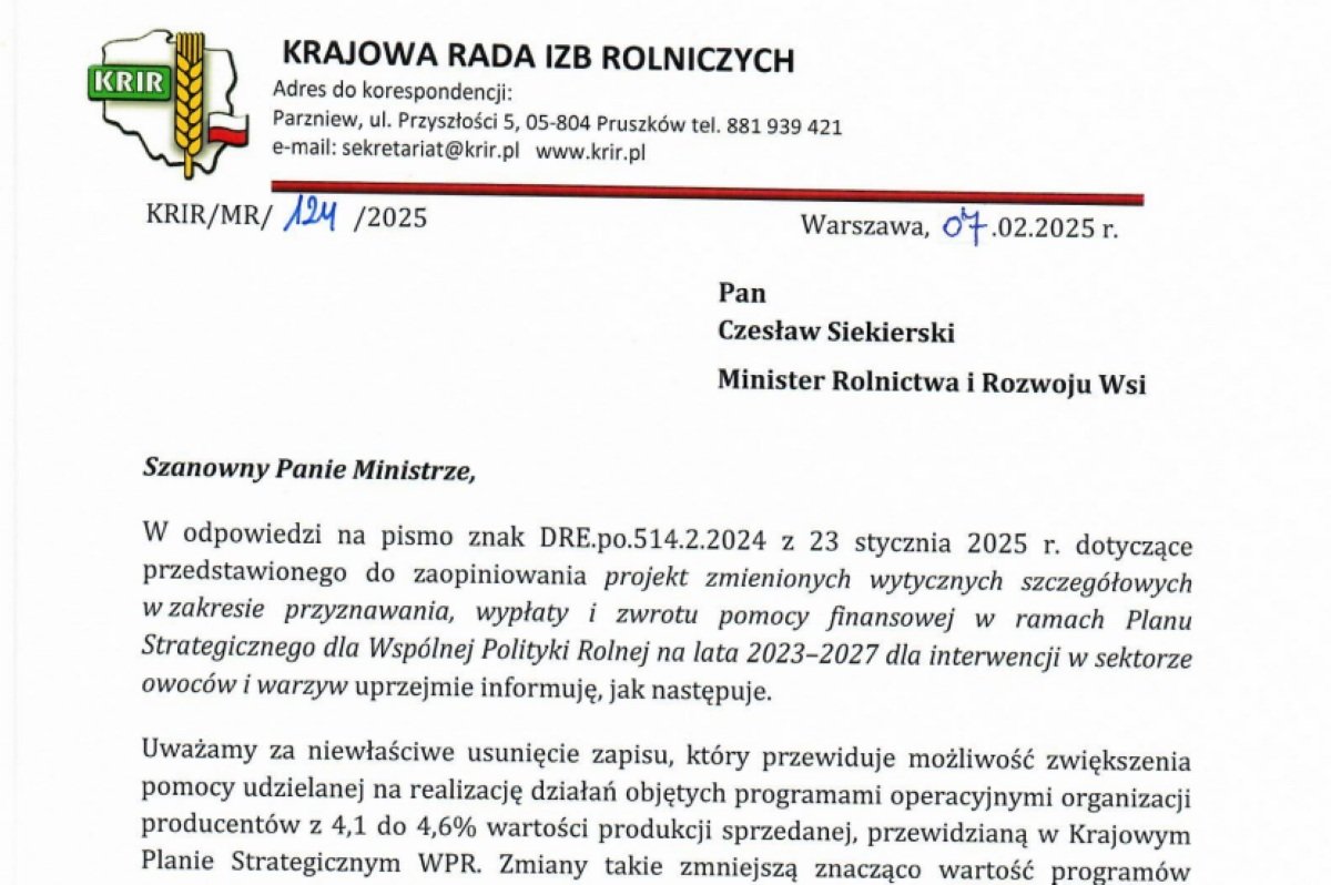 Krajowa Rada Izb Rolniczych zwróciła się do ministerstwa rolnictwa z&nbsp;wnioskiem o&nbsp;przywrócenie usuniętego zapisu. Zdaniem samorządu rolniczego należy jak najszybciej wprowadzić zmiany w&nbsp;Planie Strategicznym WPR, które umożliwią korzystanie z&nbsp;pomocy na poziomie 4,6% wartości produkcji sprzedanej