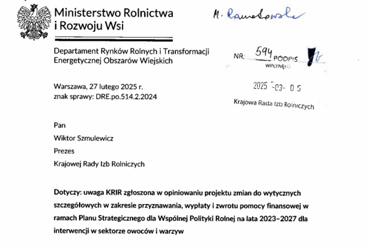 W odpowiedzi na uwagi samorządu rolniczego dotyczące zmienionego projektu wytycznych szczegółowych dla interwencji w&nbsp;sektorze owoców i&nbsp;warzyw, resort rolnictwa przedstawił swoje stanowisko.
