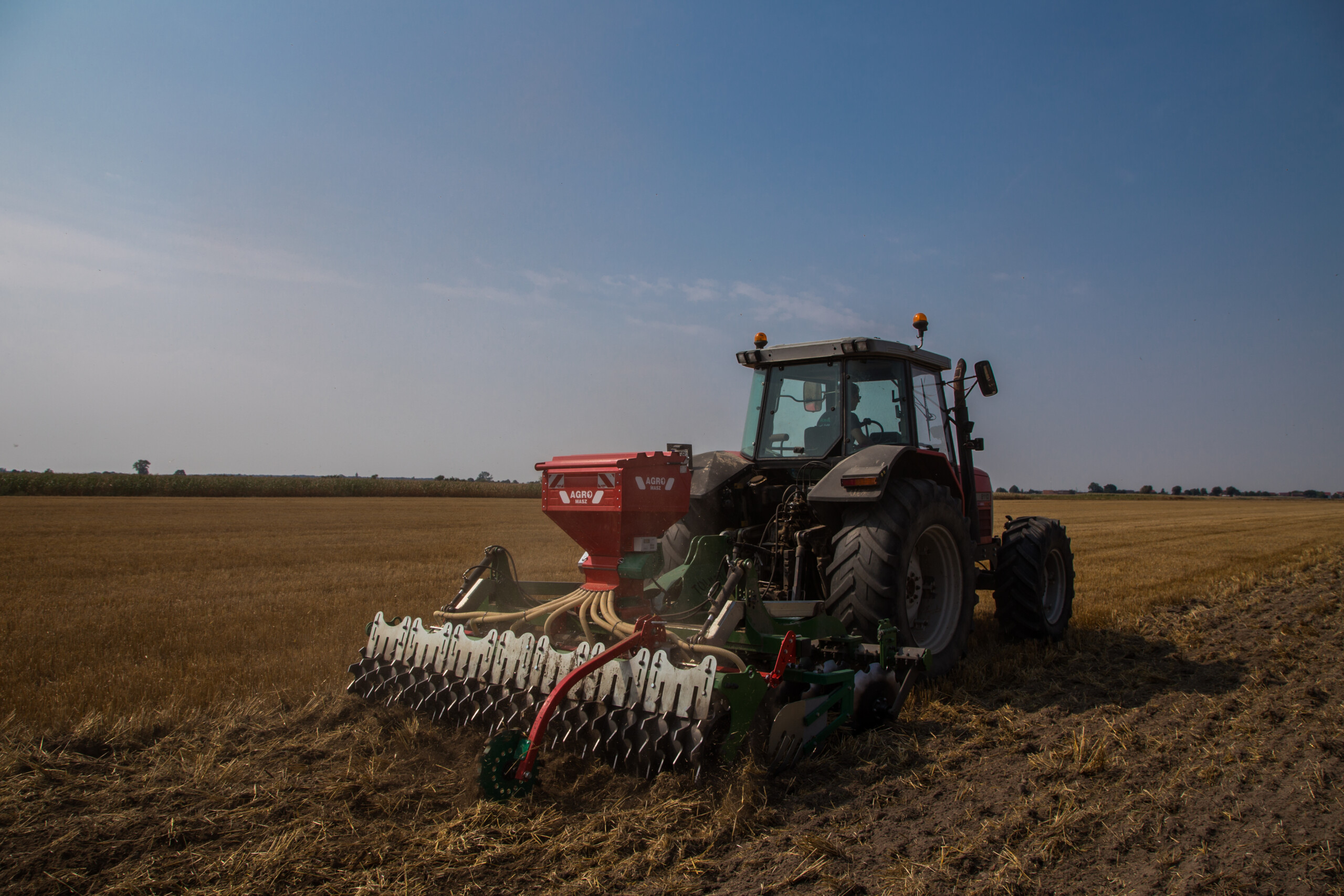 widok na ciągnik z agregatem, ściernisko przed zasiewem, pole po zasiewie 
Massey Ferguson