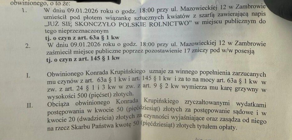 500 zł za wieniec i znicze. Rolnik pokazał wyrok po proteście
