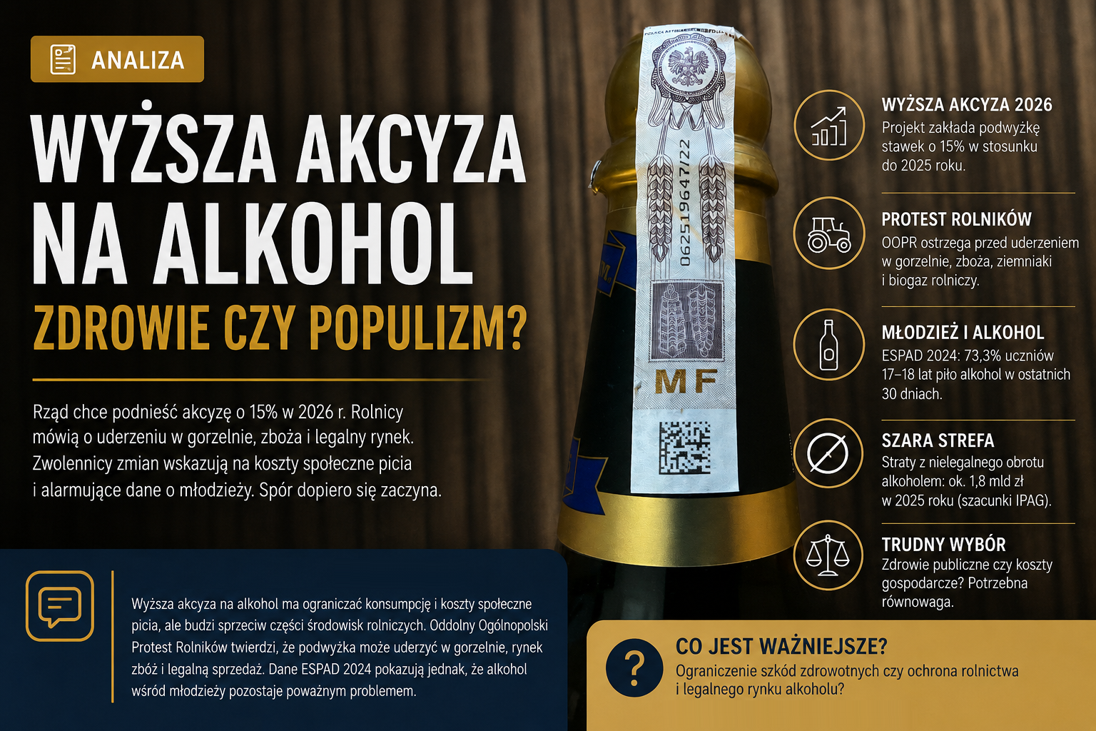Spór o wyższą akcyzę na alkohol dotyczy nie tylko cen, ale też zdrowia publicznego, szarej strefy i rynku rolno-spożywczego. Wyższa akcyza na alkohol. Protest rolników mówi o populizmie