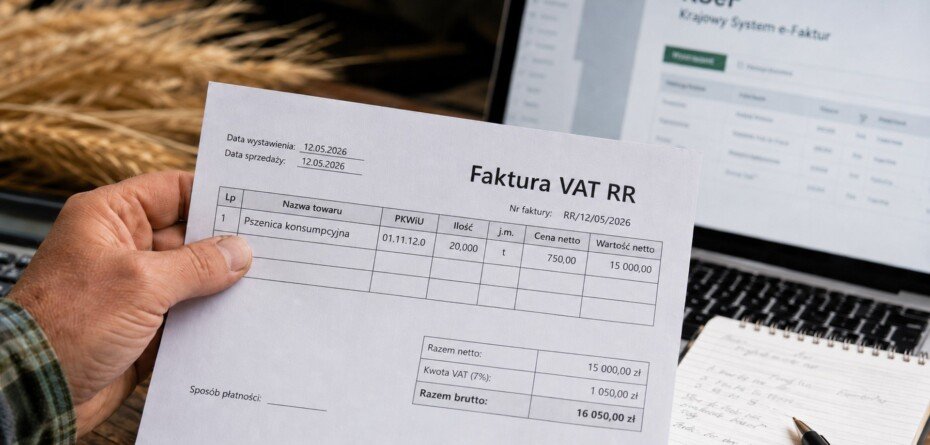 Faktura VAT RR za pszenicę trzymana przez rolnika na tle ekranu KSeF