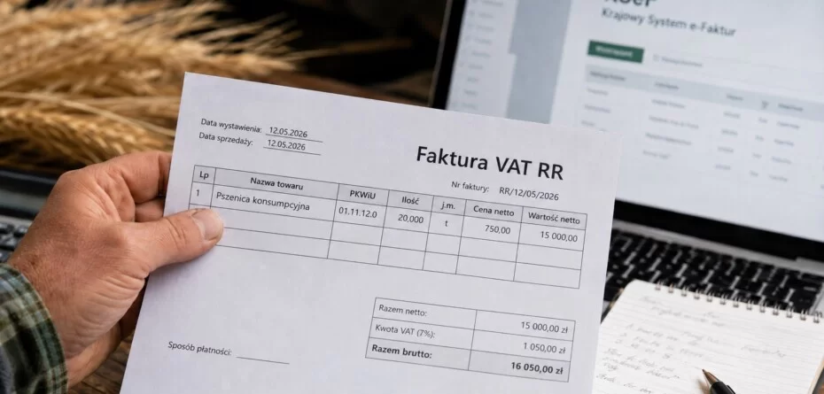 Faktura VAT RR za pszenicę trzymana przez rolnika na tle ekranu KSeF