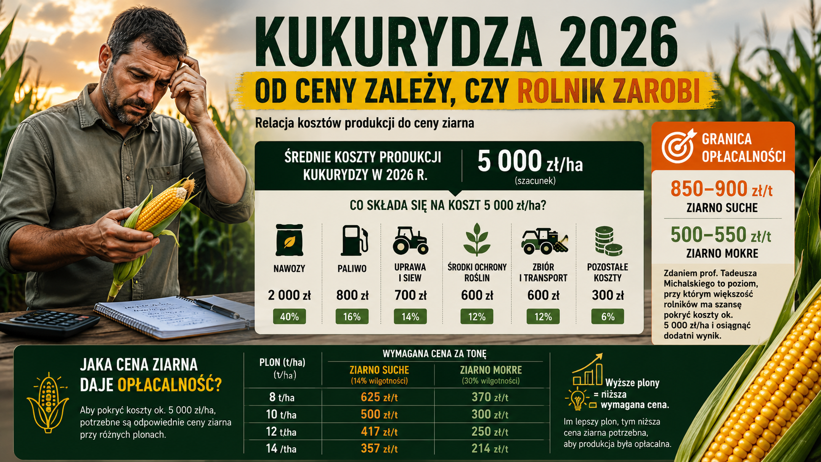 Infografika o opłacalności uprawy kukurydzy w 2026 r. pokazująca koszty produkcji, próg opłacalności oraz ceny skupu suchego i mokrego ziarna