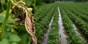 Kiedy pryskać ziemniaki na zarazę-Zaraza ziemniaka i zalana plantacja ziemniaka po intensywnych opadach deszczu-Zaschnięte liście porażone przez zarazę ziemniaka na tle mokrej plantacji