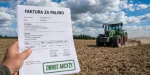 Zwrot akcyzy za paliwo 2026 – faktura za paliwo w dłoni rolnika na tle ciągnika pracującego w polu