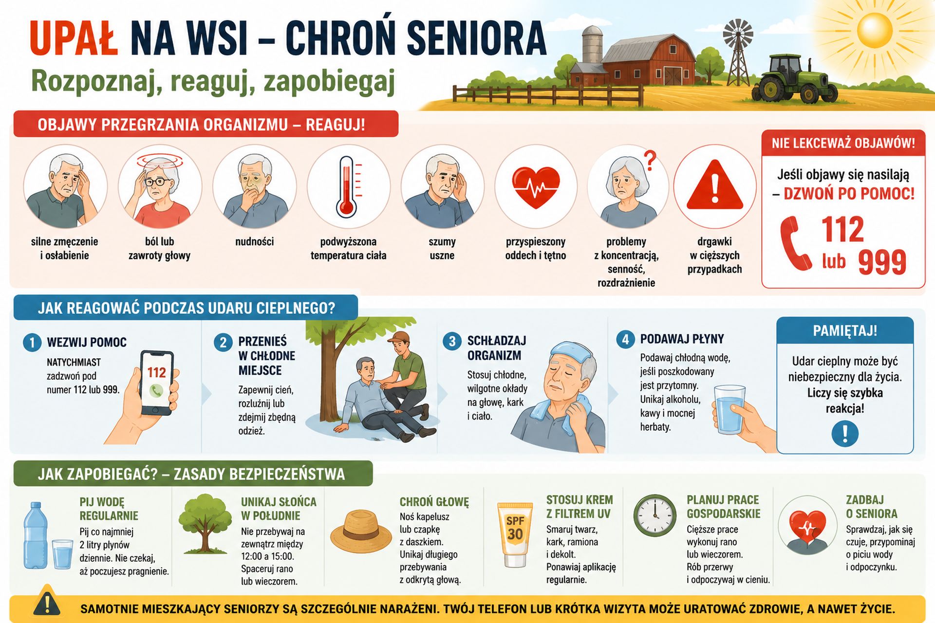 Infografika: objawy przegrzania i udaru cieplnego u seniora oraz zasady pierwszej pomocy podczas upału na wsi