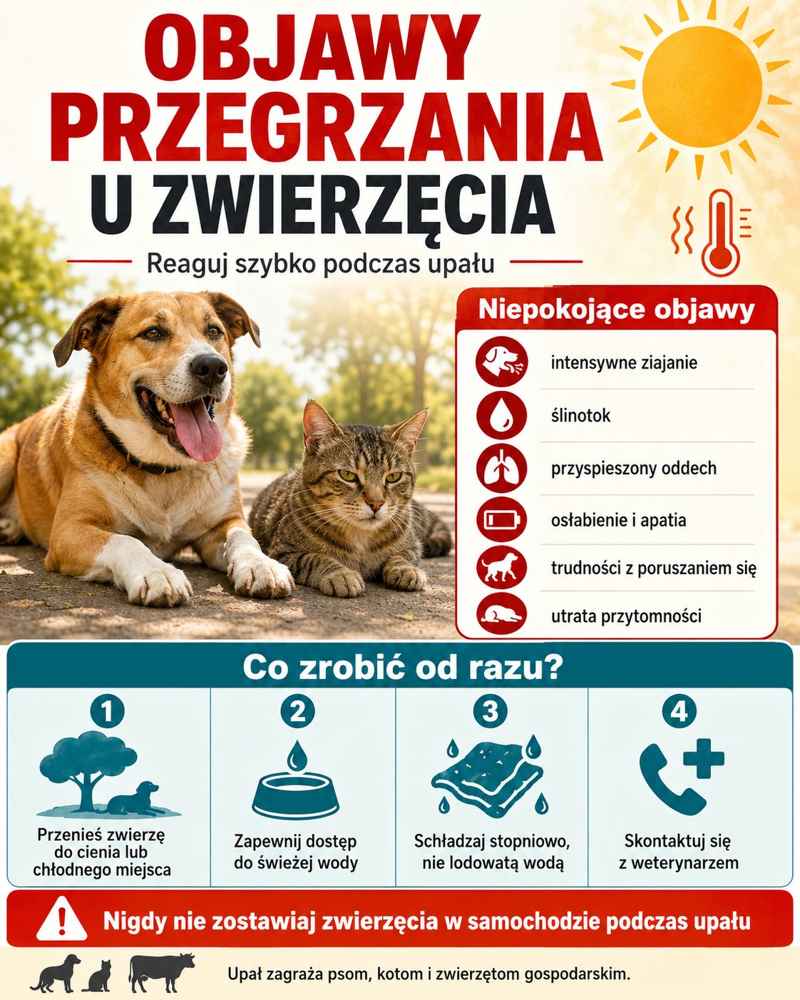 Infografika o objawach przegrzania u zwierząt pokazująca psa i kota podczas upału oraz listę symptomów, takich jak intensywne ziajanie, ślinotok, osłabienie i trudności z poruszaniem się.