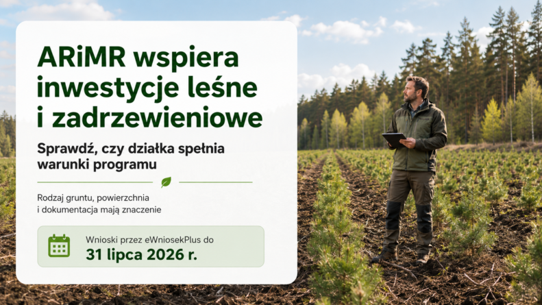 Młode sadzonki drzew na zalesianej działce oraz doradca z tabletem; grafika informuje o wsparciu ARiMR na inwestycje leśne i zadrzewieniowe do 31 lipca 2026 r.