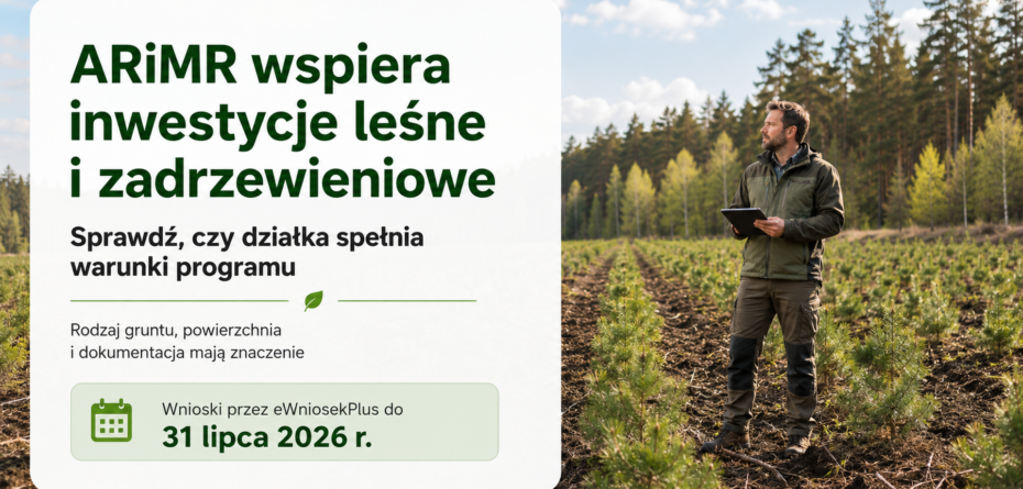 Młode sadzonki drzew na zalesianej działce oraz doradca z tabletem; grafika informuje o wsparciu ARiMR na inwestycje leśne i zadrzewieniowe do 31 lipca 2026 r.