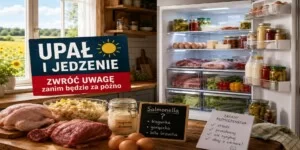Otwarta lodówka z mięsem, jajkami, nabiałem i warzywami podczas letniego upału. Upał i jedzenie nie idą w parze.