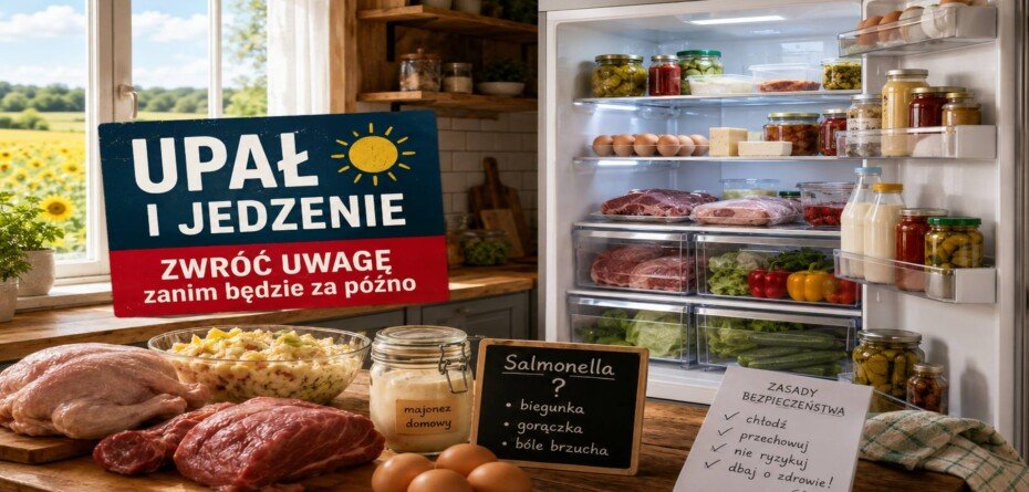 Otwarta lodówka z mięsem, jajkami, nabiałem i warzywami podczas letniego upału. Upał i jedzenie nie idą w parze.