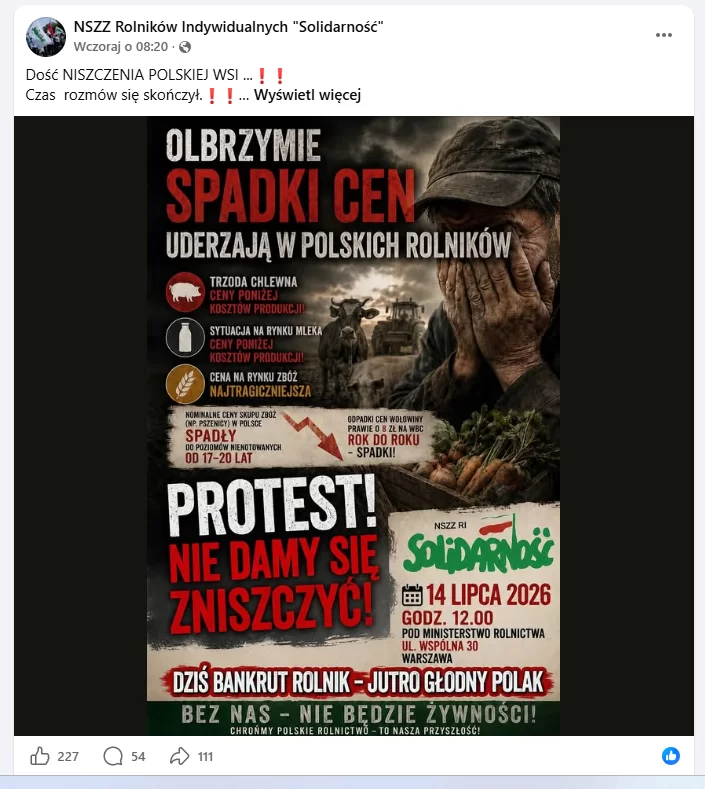 rolnicy protestują w&nbsp;Warszawie