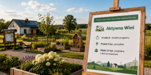 Aktywna Wieś 2026 – tablica informacyjna programu na tle zadbanej przestrzeni wiejskiej z ogrodem, ławką i zabudową.