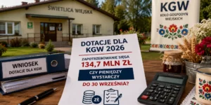 Dotacje dla KGW 2026 – dokument z informacją o zapotrzebowaniu 134,7 mln zł i terminie do 30 września na tle świetlicy wiejskiej.