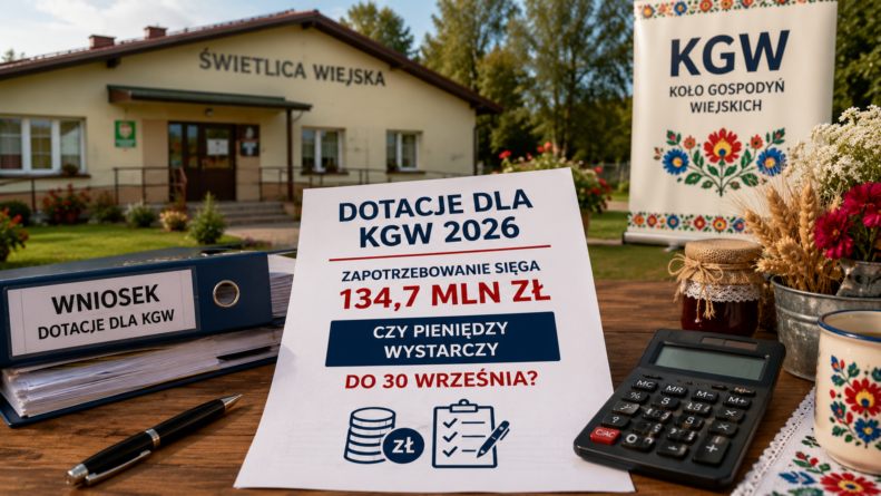 Dotacje dla KGW 2026 – dokument z informacją o zapotrzebowaniu 134,7 mln zł i terminie do 30 września na tle świetlicy wiejskiej.