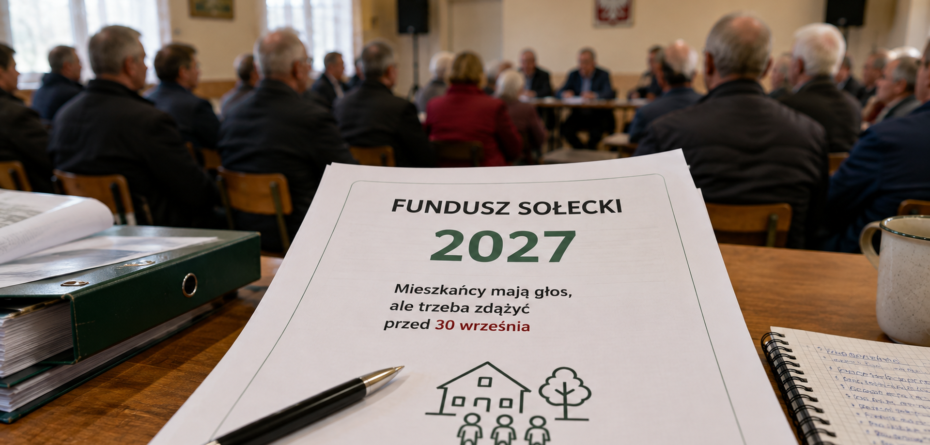 Fundusz sołecki 2027 – dokument z terminem do 30 września na pierwszym planie, w tle zebranie mieszkańców w świetlicy wiejskiej.