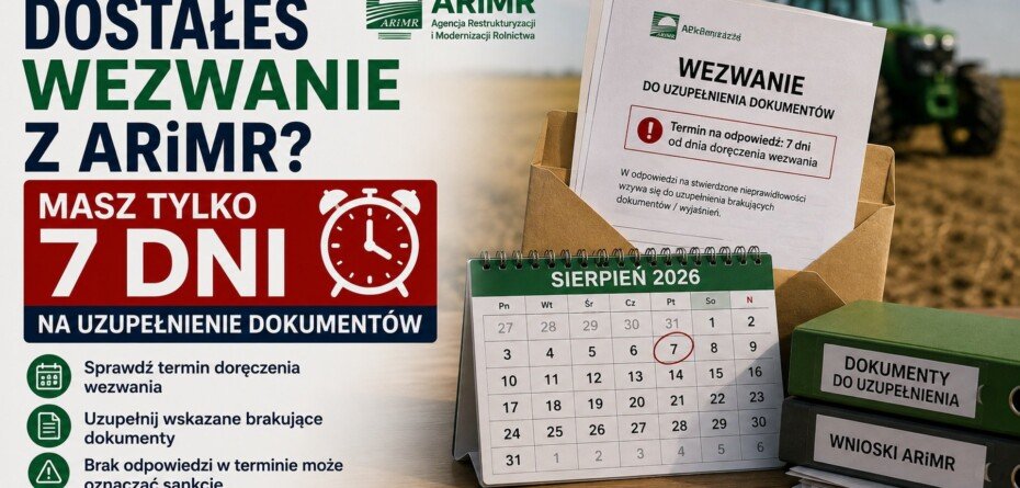 Wezwanie z ARiMR do uzupełnienia dokumentów z informacją o 7-dniowym terminie na odpowiedź.