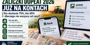 Zaliczki dopłat 2026 – informacja o wypłatach 75% i 85%, ekran z płatnościami ARiMR oraz pieniądze na tle gospodarstwa rolnego.