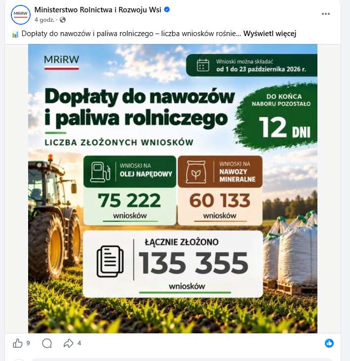 Wnioski o dopłaty do nawozów i paliwa 2026
